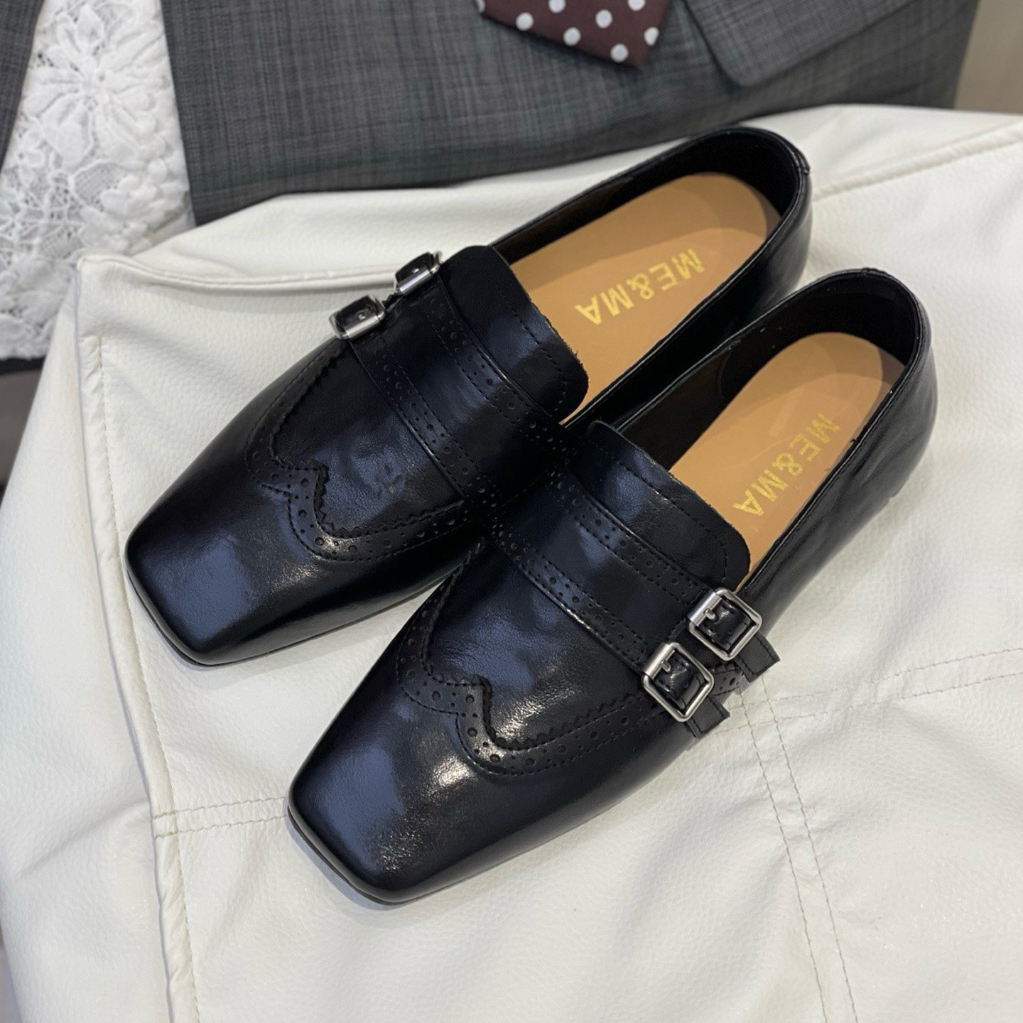 MEMA英伦风布洛克乐福鞋女黑色方头搭扣低跟小皮鞋百搭,女鞋,乐福鞋（豆豆鞋）,淘宝优惠券,粉丝福利购,淘宝优惠卷