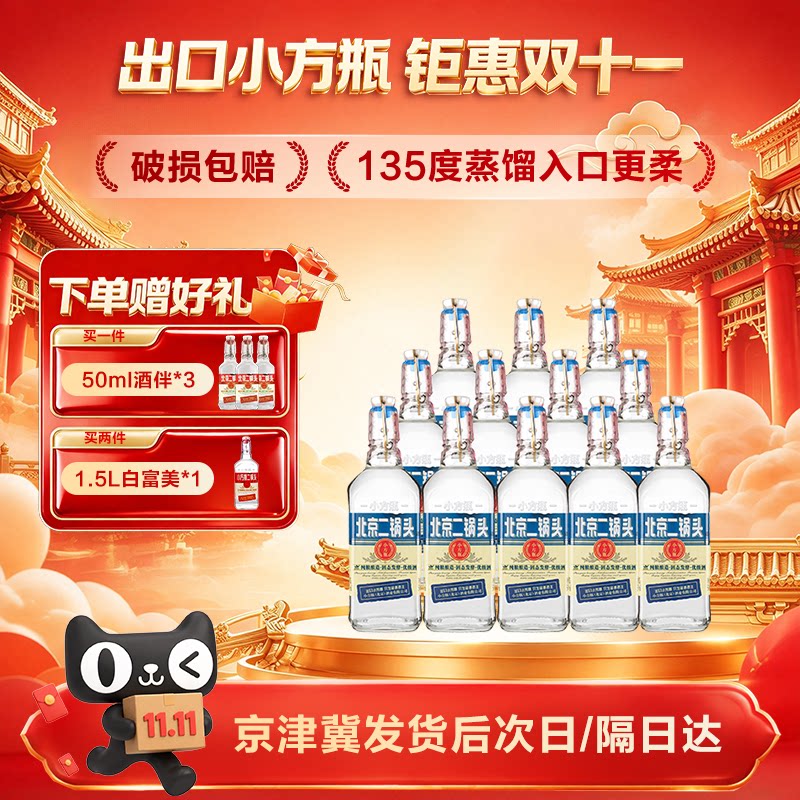 出口小方瓶牌北京二锅头经典蓝标42度清香型白酒12瓶纯粮直营正品