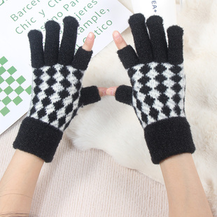 毛线手套露二指女冬季保暖针织防寒分指画画写字学生两指玩手机秋