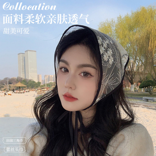法式田园风头巾白色黑色蕾丝三角巾发带法式包头帽子女夏季网红潮