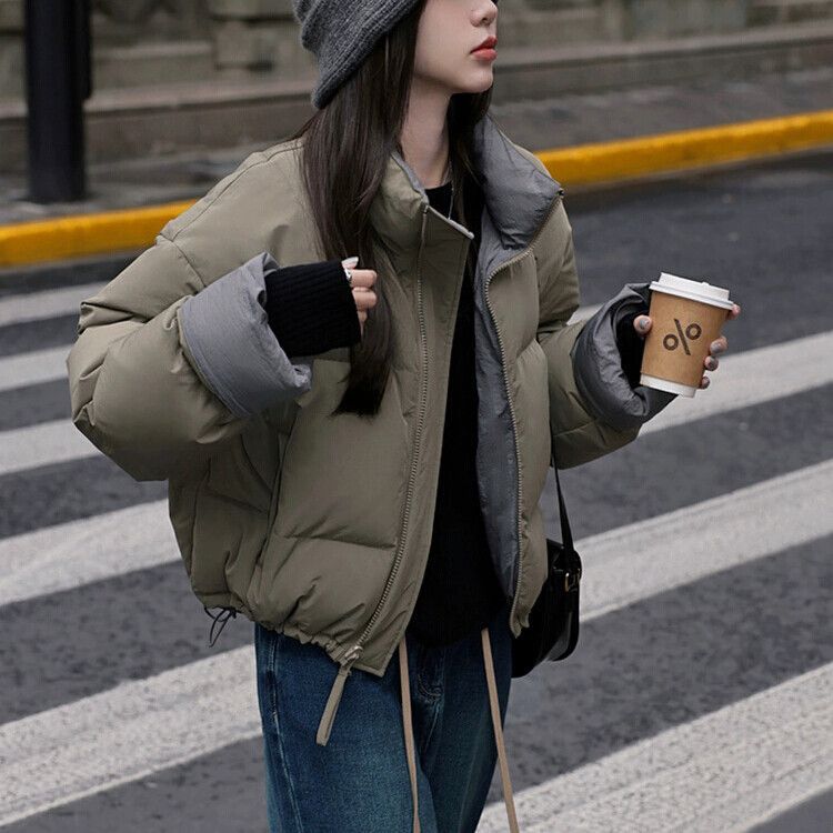 拼色白鸭绒立领羽绒服女短款冬季韩系加厚面包服短外套反季