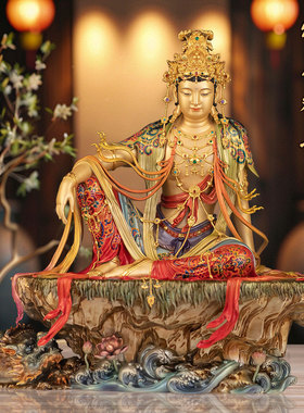 台湾纯黄铜珐琅彩观音供奉摆件