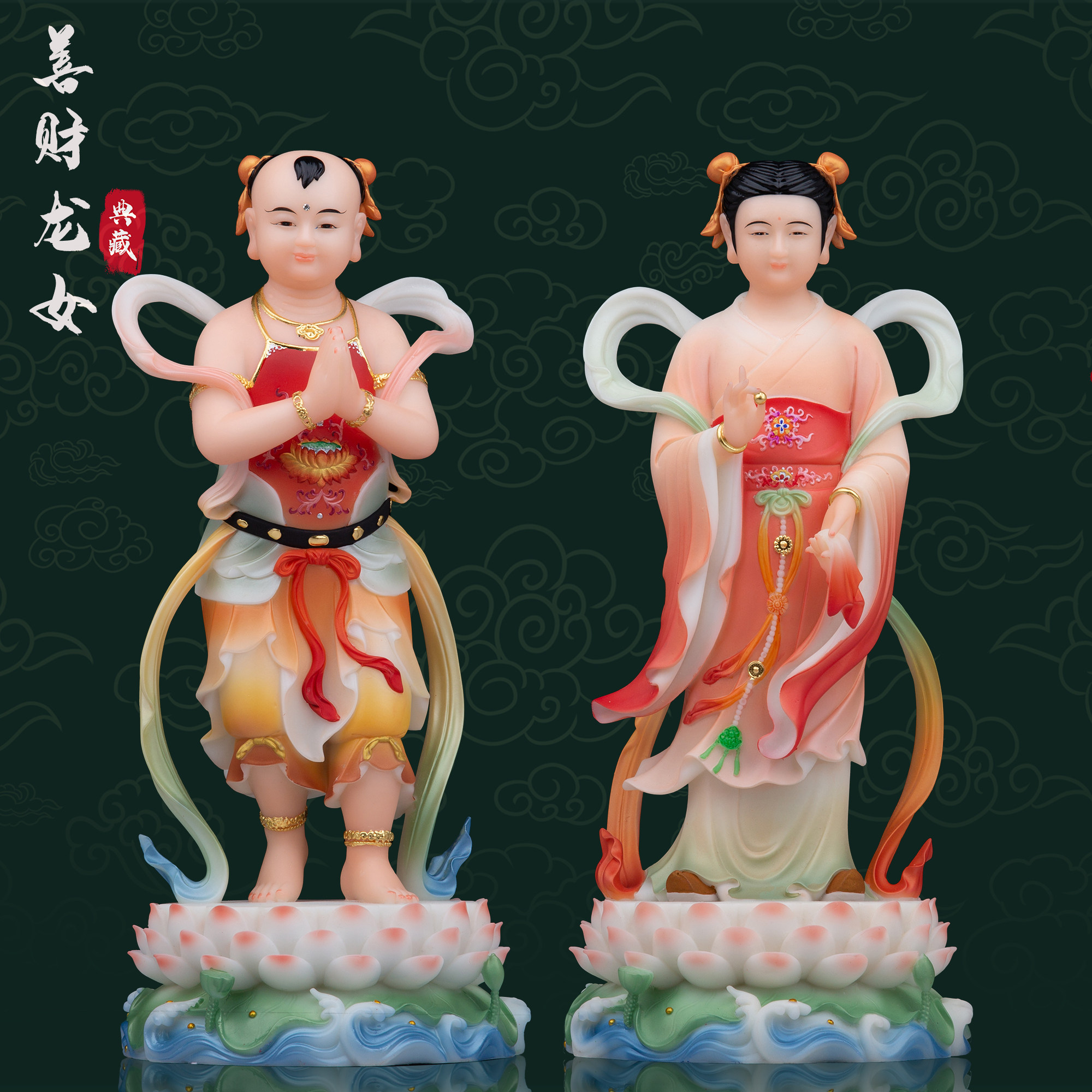 汉白玉金童玉女神像招财善财童子龙女像家居客厅摆件观音护法佛像