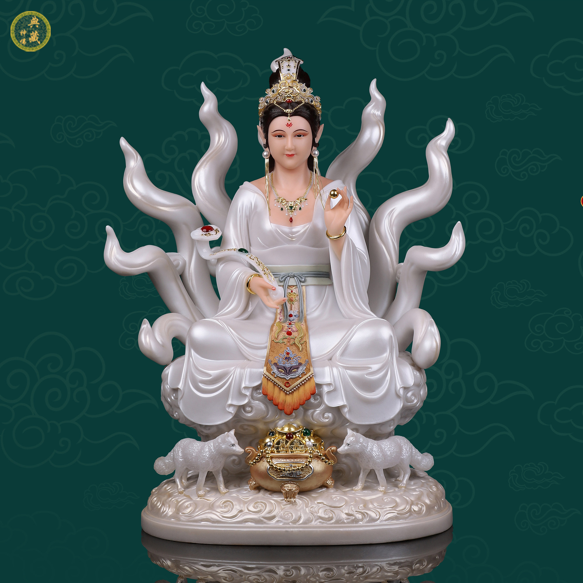 九尾狐像家用供奉九姑娘玄关装饰汉白玉中式摆件九尾白狐娘娘神像