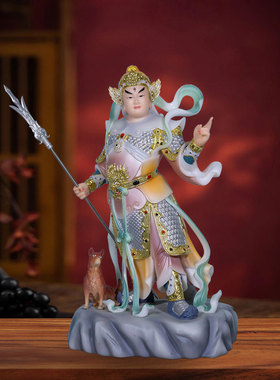 典藏二郎真君像汉白玉二郎神杨戬神天神将军站像带哮天犬摆件桌面