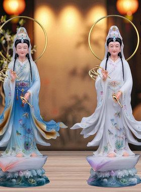 汉白玉彩绘观音佛像供奉摆件