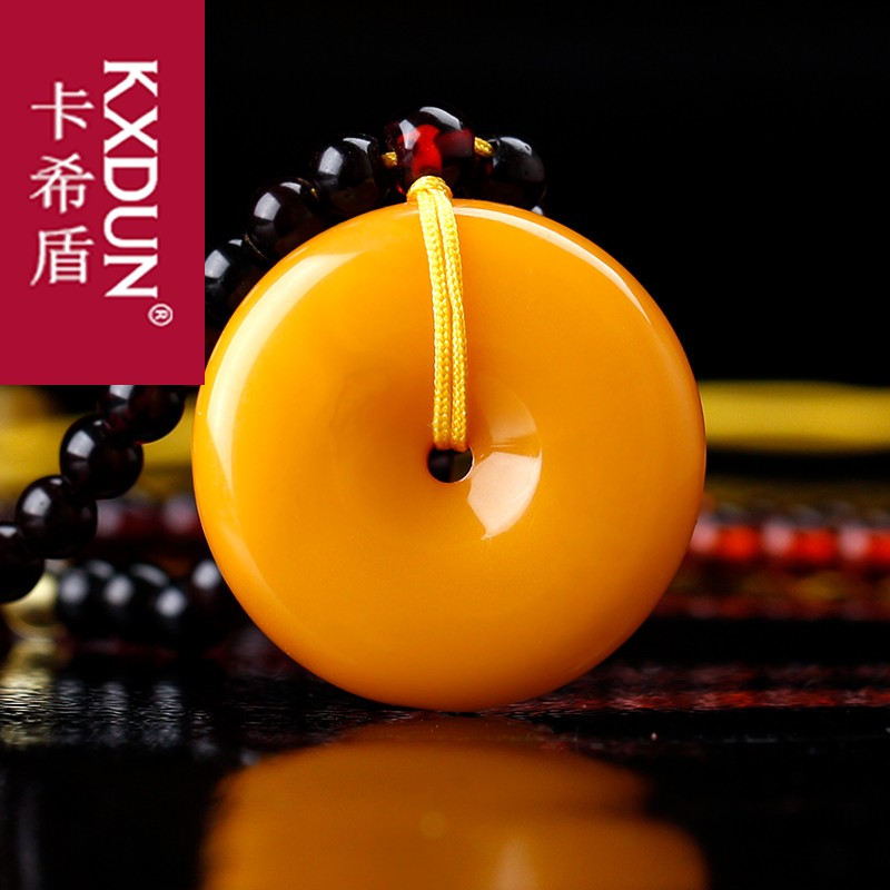 KXDUN平安扣琥珀项链鸡油黄蜜蜡吊坠原石男女款毛衣链挂件gs0827