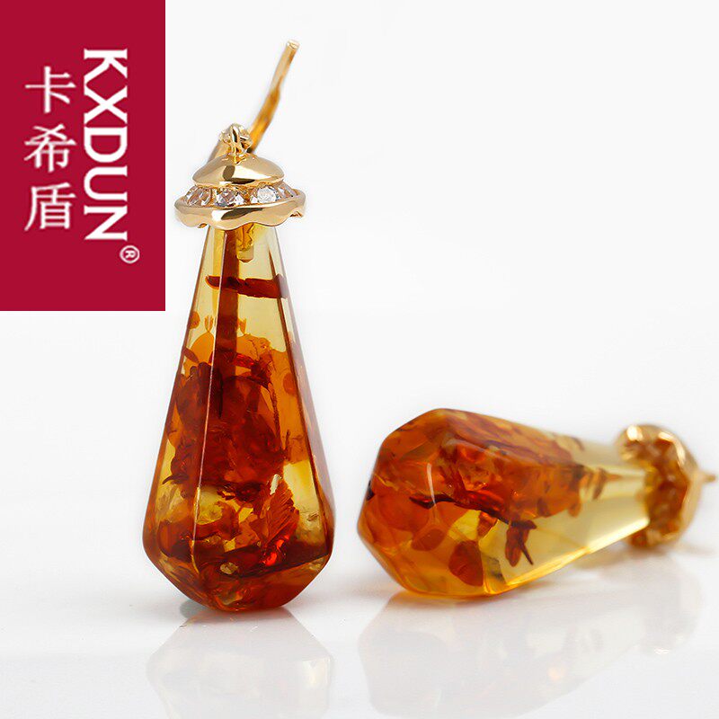 KXDUN镶花珀菱型耳坠天然正品琥珀原石蜜蜡耳饰时尚女耳钉gs0826