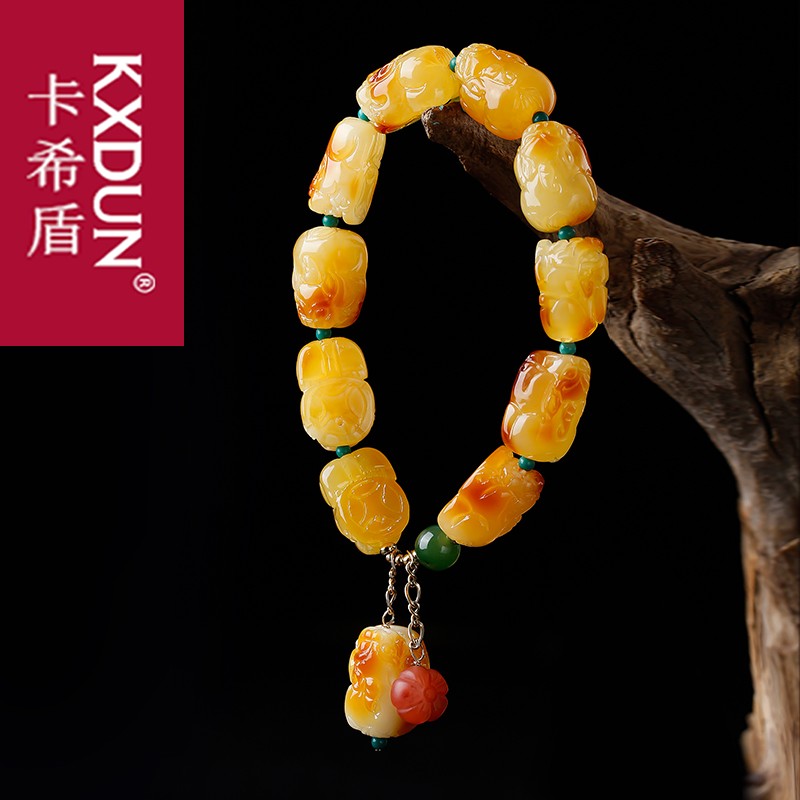 KXDUN黄蜜蜡貔貅男女士手串原石琥珀满蜜随形密蜡单圈手链gs0826
