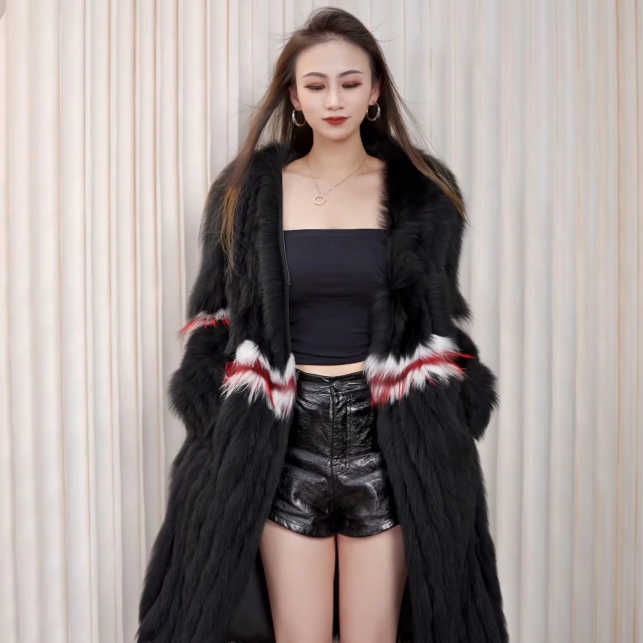 [极光之夜]秋冬新款狐狸毛车条皮草外套时尚气质高端大气中长女