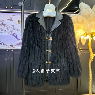 2025新款 女百搭 貉子毛车条皮草外套真皮绵羊皮金扣百搭显瘦中长款