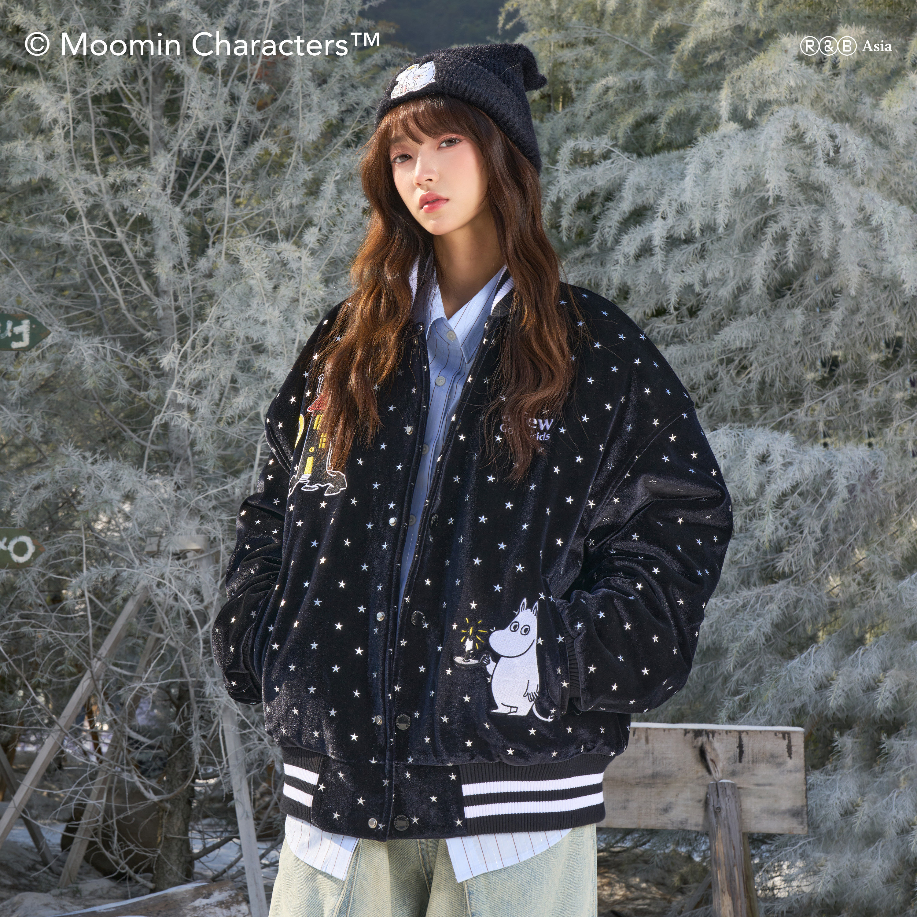 姆明美式复古星星刺绣棒球服夹棉外套 男女秋冬百搭卡通夹克上衣