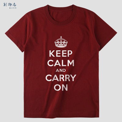 英文字母keep calm and carry on印花红色圆领短袖t恤纯棉男女潮