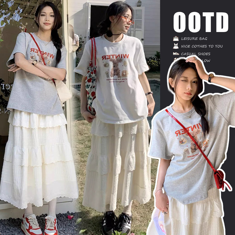现货孕妇套装女印花短袖T恤白色刺绣花边蛋糕裙a字半身裙两件套