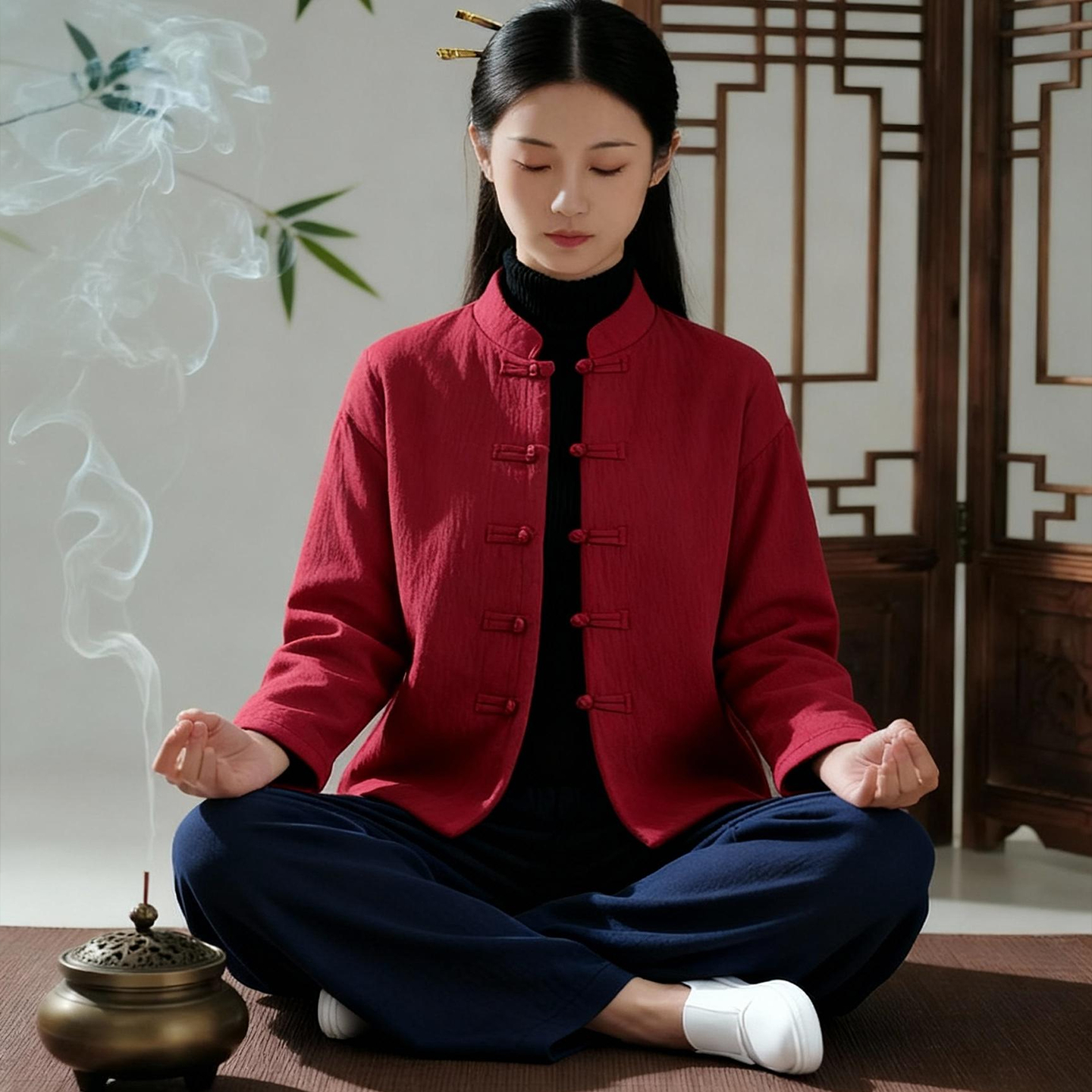 秋冬禅服女套装棉麻加绒加厚