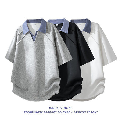 2026夏季男含棉复古撞色拼接立体解构设计感假两件短袖桃心领T恤