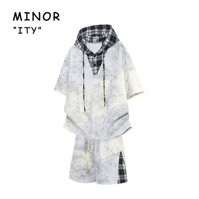 美式扎染套装男2026连帽短袖短裤