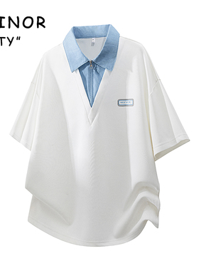 假两件衬衫领POLO衫短袖男士夏季2026新款撞色宽松半拉链套头T恤