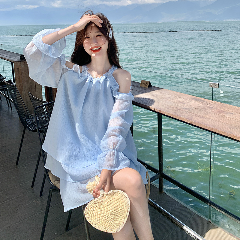 法式温柔风挂脖露肩上衣高腰半身短裙两件套女2025绝美小套装