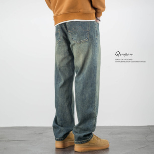 冬季复古裤子男款直筒宽松阔腿牛仔裤男潮牌大码休闲加绒加厚