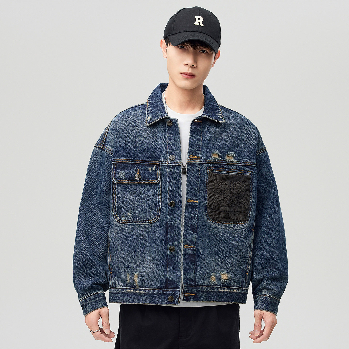 潮痞磨破牛仔夹克男装外套