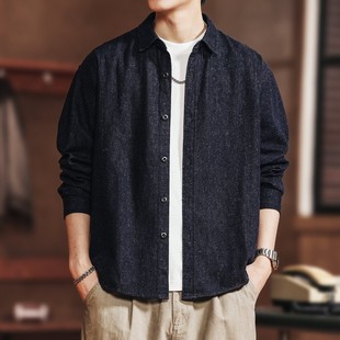 复古潮牌亚麻长袖 新款 衬衫 秋季 宽松休闲衬衣外套男 男士 美式