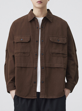 新款T791秋季日系复古工装男士衬衫百搭宽松休闲纯色美式衬衣潮流