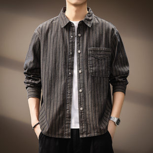 宽松翻领休闲工装 高端美式 男秋季 衬衫 衬衣外套潮 复古条纹提花长袖