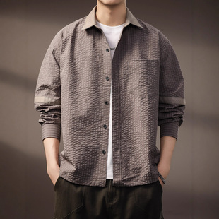 宽松格纹休闲工装 高端美式 男秋季 衬衫 衬衣外套 复古肌理泡泡纱长袖