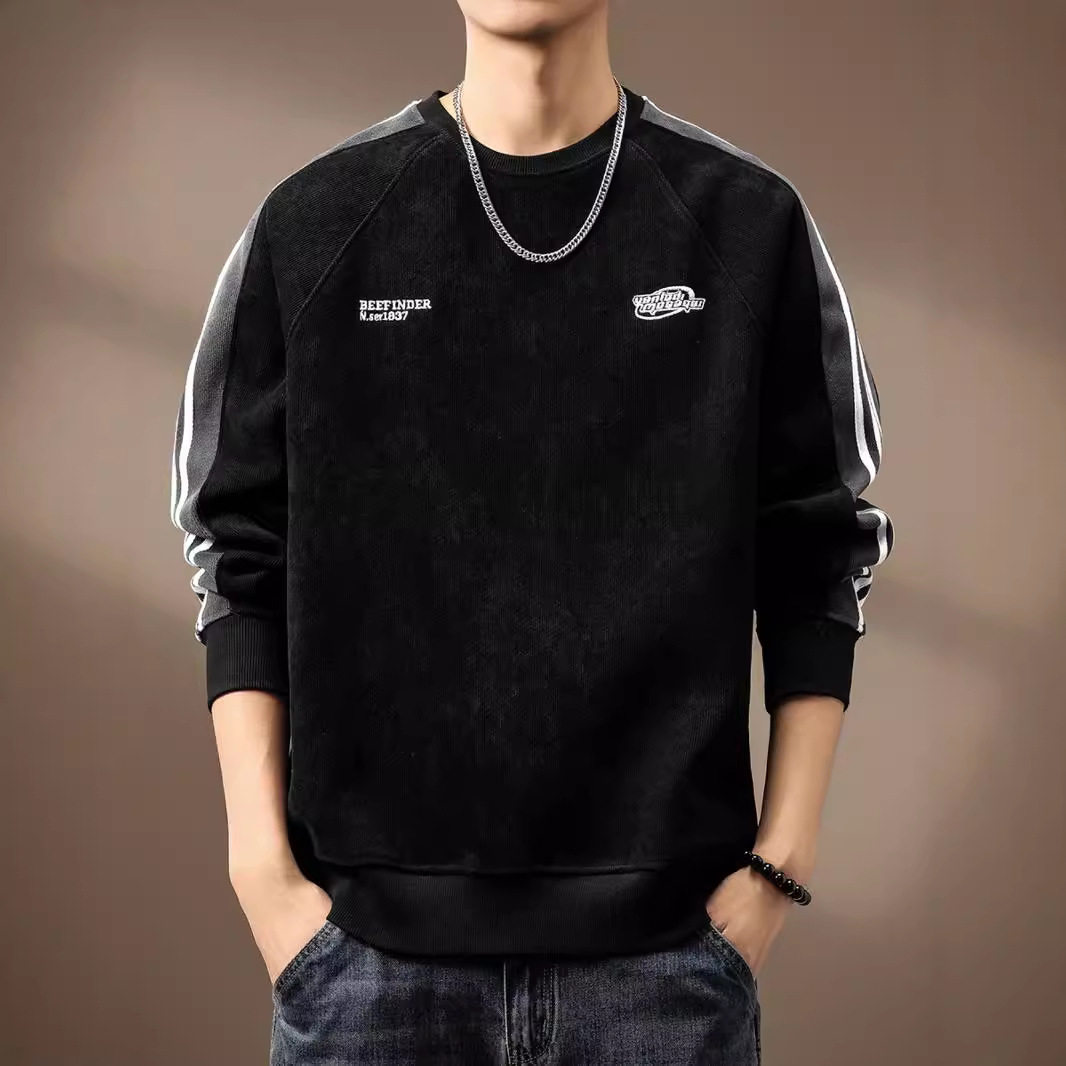 高端条纹拼接软糯欧棉绒卫衣男士秋季重磅运动上衣宽松潮牌外套男