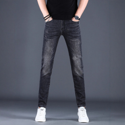 高端刺绣弹力修身牛仔裤男
