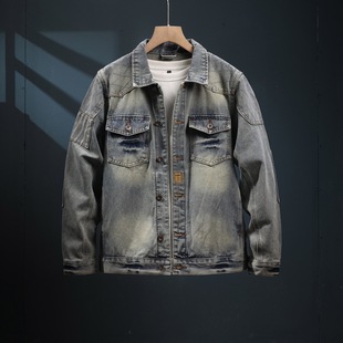 美式 宽松百搭夹克上衣 做旧水洗牛仔外套男机车风潮痞帅高级感工装