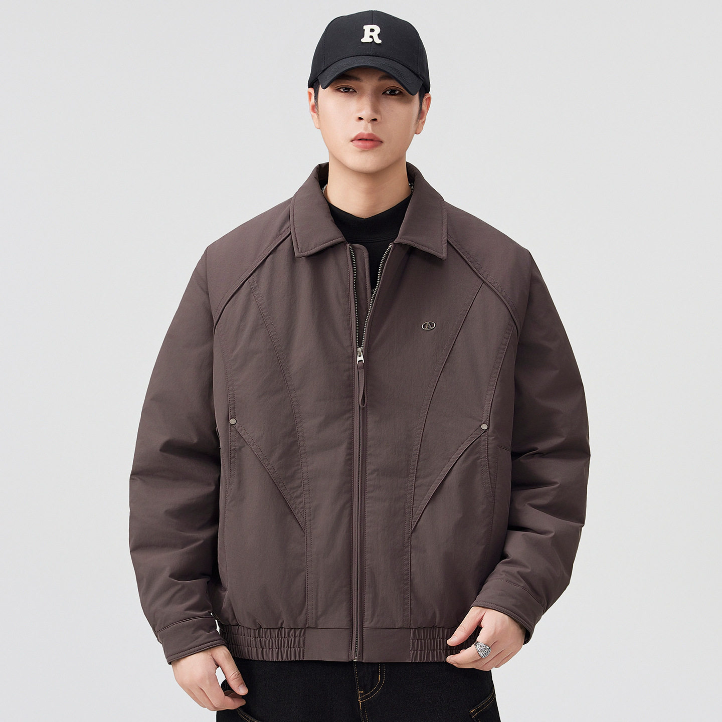 潮牌美式复古白鸭绒50羽绒服男生翻领高街拉链高级感外套2025新款