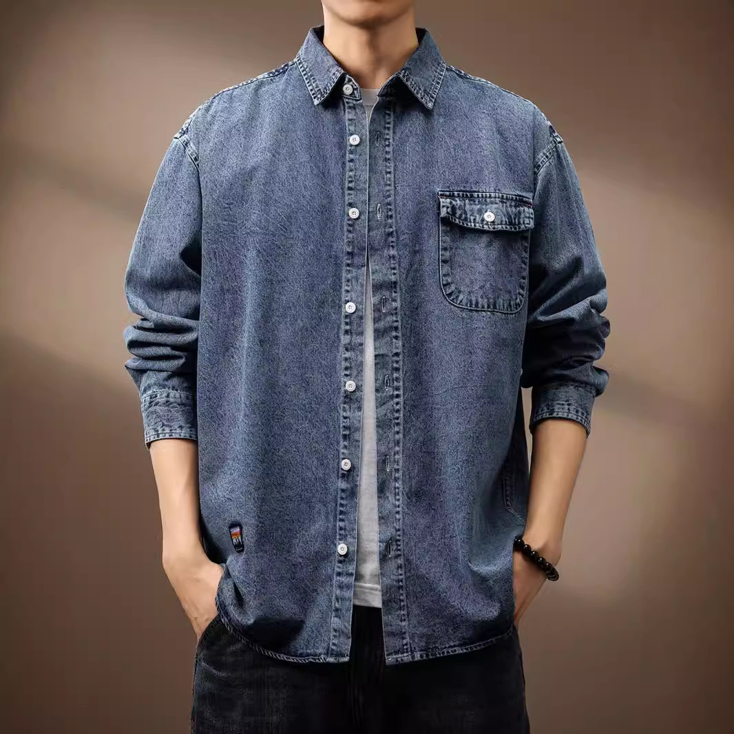 日系复古长袖牛仔衬衫男