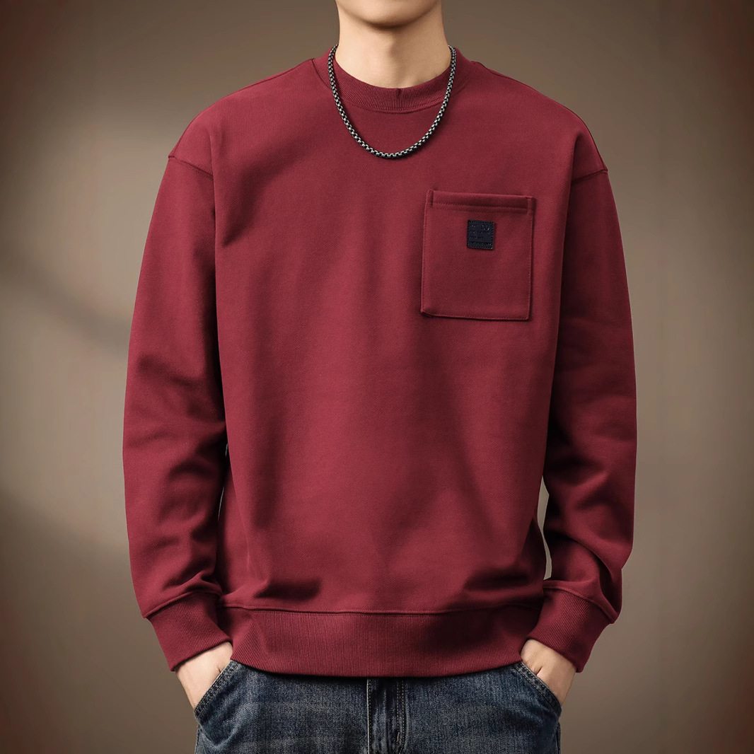 高端美式重磅酒红卫衣男