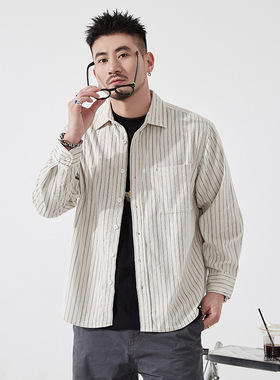 爆款Z779日系复古条纹工装衬衫潮百搭宽松美式春季男新款衬衣外套