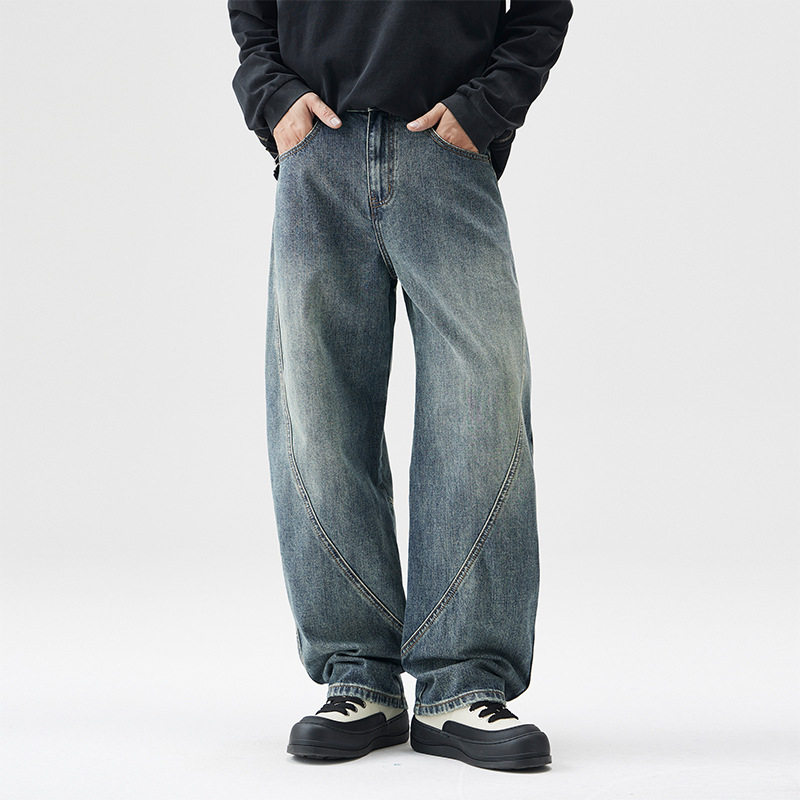 高街复古分割水洗蓝色牛仔裤男结构设计宽松百搭阔腿弯刀裤秋冬款