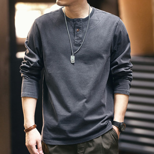 高级感长袖T恤男士2023年秋季潮牌纯棉卫衣休闲亨利领打底衫