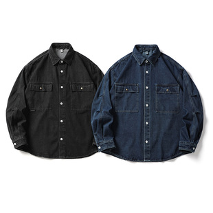 男式 潮牌复古宽松纯色牛仔工装 外套2024秋冬新款 衬衫 上衣 长袖