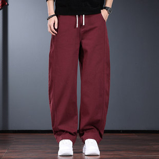 酒红色休闲牛仔裤男秋冬款宽松直筒弯刀裤潮牌痞帅抽绳工装裤