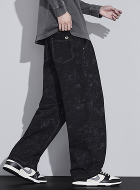 2025新款秋季日系复古斜纹黑牛脏染工艺直筒小弯刀裤美式休闲长裤