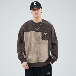 圆领男款 大码 衣服秋季 长袖 撞色麂皮绒 24新款 重磅潮牌卫衣男春秋款