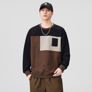 上衣 潮牌帅气宽松圆领套头设计感休闲打底衫 无帽拼色卫衣男款 美式