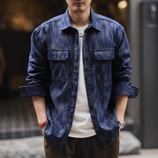 复古提花竖立纹色织牛仔衬衫 长袖 男士 新款 衬衣外套 秋季 美式