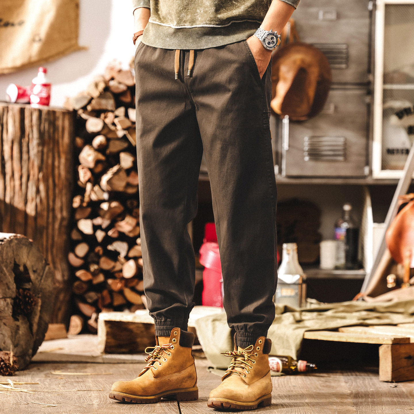 美式复古简约潮牌工装裤子男秋季新款男士休闲裤宽松大码束脚裤潮