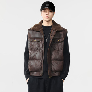 做旧硬汉风仿羊羔绒翻领马pu皮衣甲美式复古工装飞行员夹克上衣男