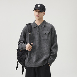 2025年秋冬新款美式复古休闲翻领POLO毛衣套头针织衫毛衣男深灰色