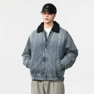 加绒保暖水洗做旧复古牛仔外套男士硬汉风美式潮牌拉链飞行员夹克