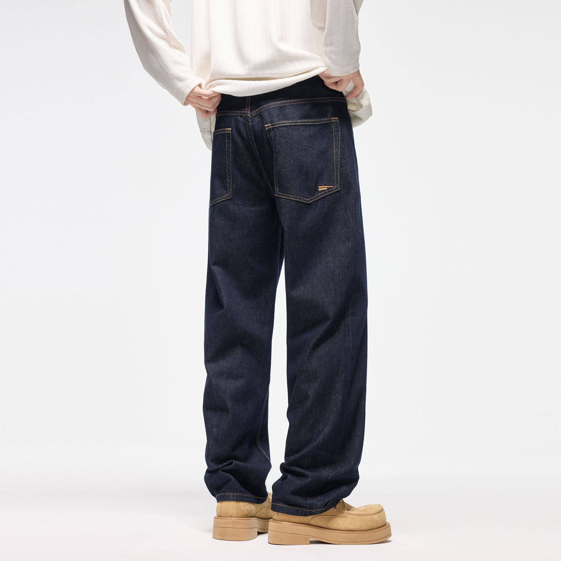 原色复古深蓝色牛仔裤男2025秋季宽松直筒垂感设计感休闲长裤