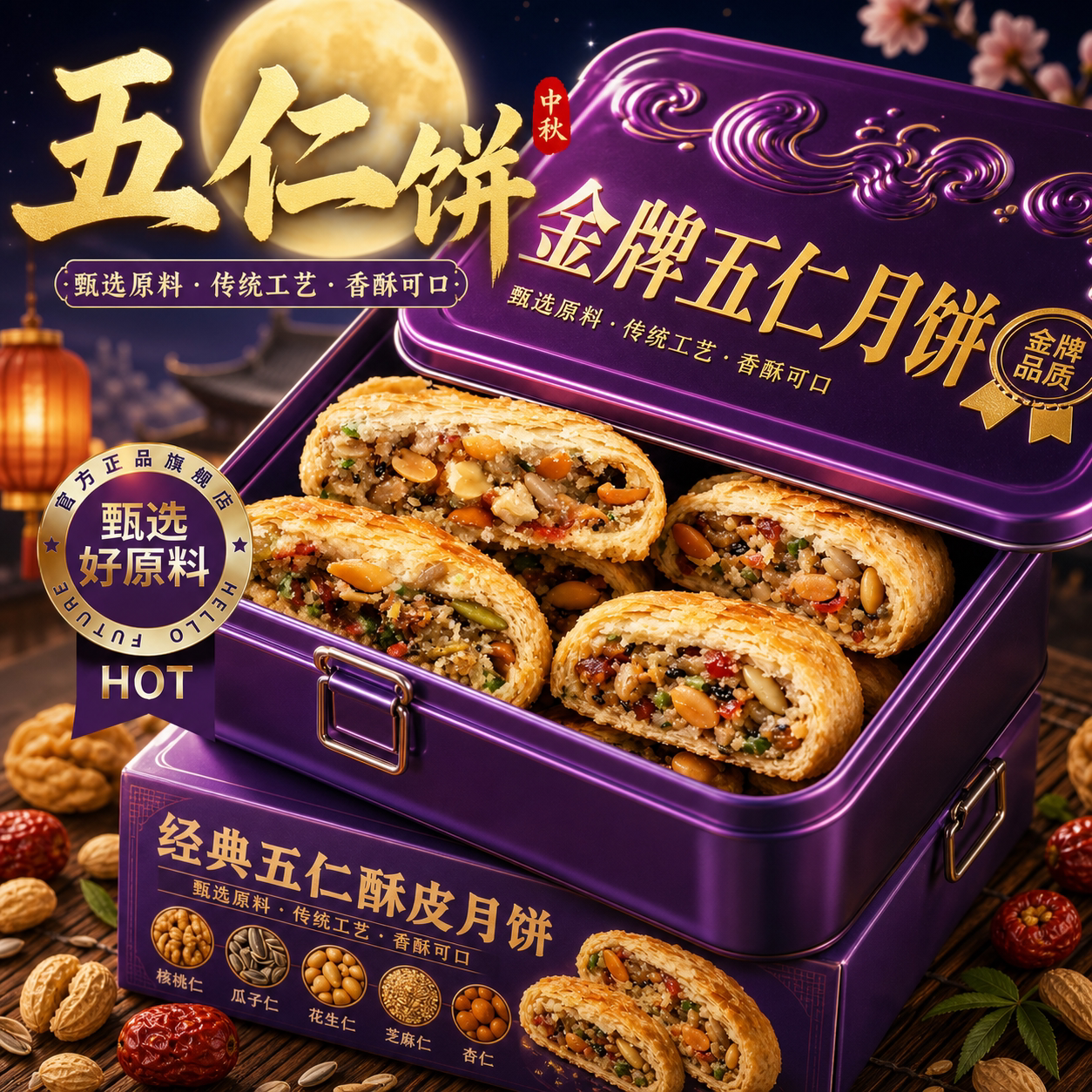 苏式月饼酥皮五仁月饼老式多口味传统手工板栗豆沙糕点官方旗舰店
